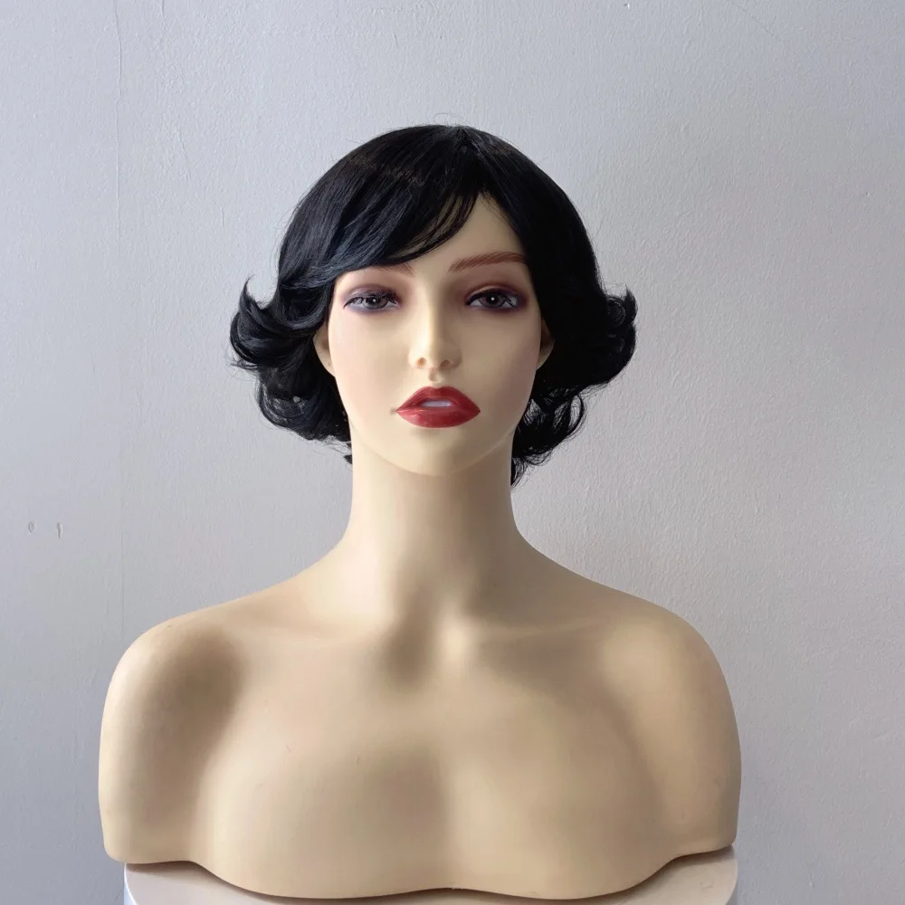 Middle aged mom style traditional short curly hairstyle with slanted bangs, gentle， Wig, Mother's Day