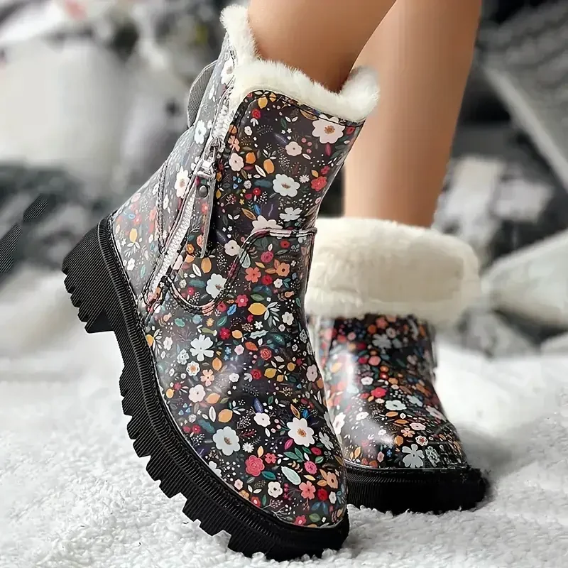 Botas de mujer con estampado Floral, zapatos mullidos con cremallera lateral de invierno para mujer, zapatos de terciopelo para nieve, botines cálidos de algodón, nuevo Bottine Femme