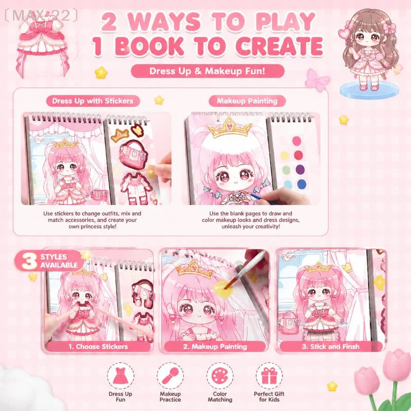 〔MAX-22〕Princess Dress Up Sticker Book With Coloring Makeup And Free Brushes For Girls Birthday Gifts And Daily Playtime