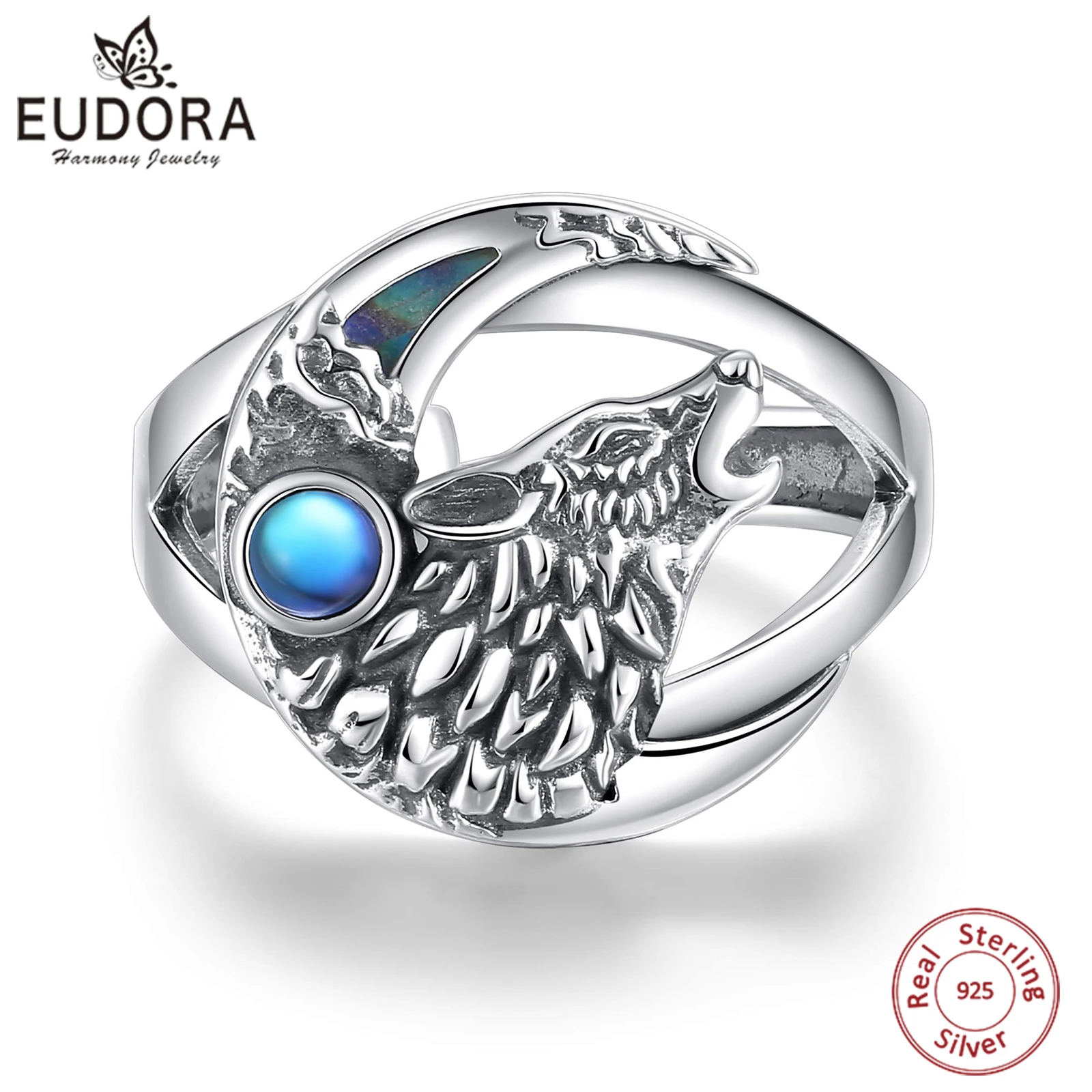 Eudora 925 Sterling Silver Wolf on the Moon Adjustable Ring Moonstone Wolf Ring Natural Abalone Shell Jewelry for Men'women Gift