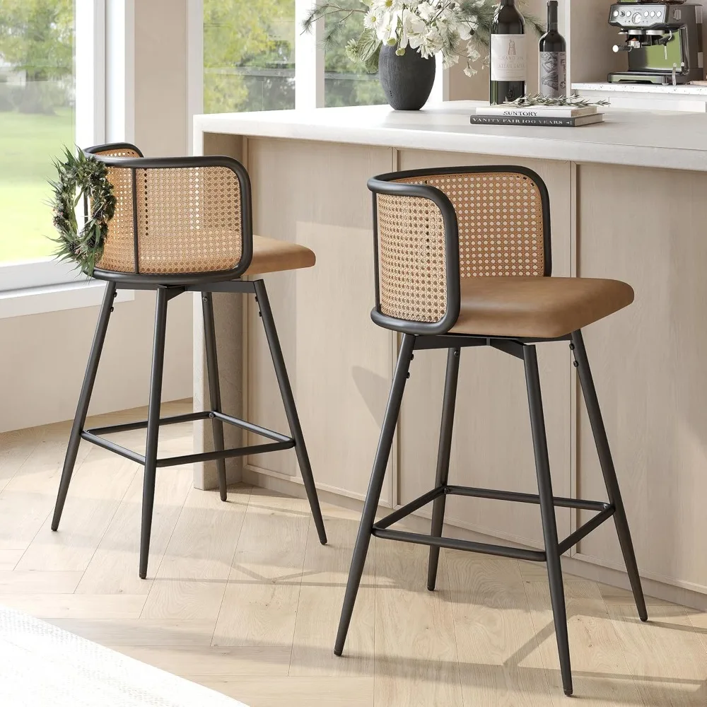 

Swivel Rattan Bar Stools Set of 2, 26” Counter Height Stools with Natural Rattan Woven Back and Faux Leather Seat, Mid-Century