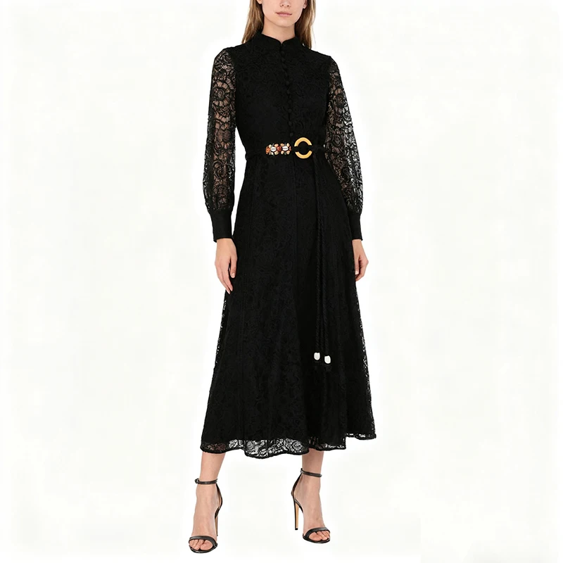 エレ ロングレースドレス ベルト付き ヴィンテージ ハイカラー 通勤 スタイリッシュ ポリエステル繊維 ウェディングドレス ユニバーサルフィット ロングスリーブ