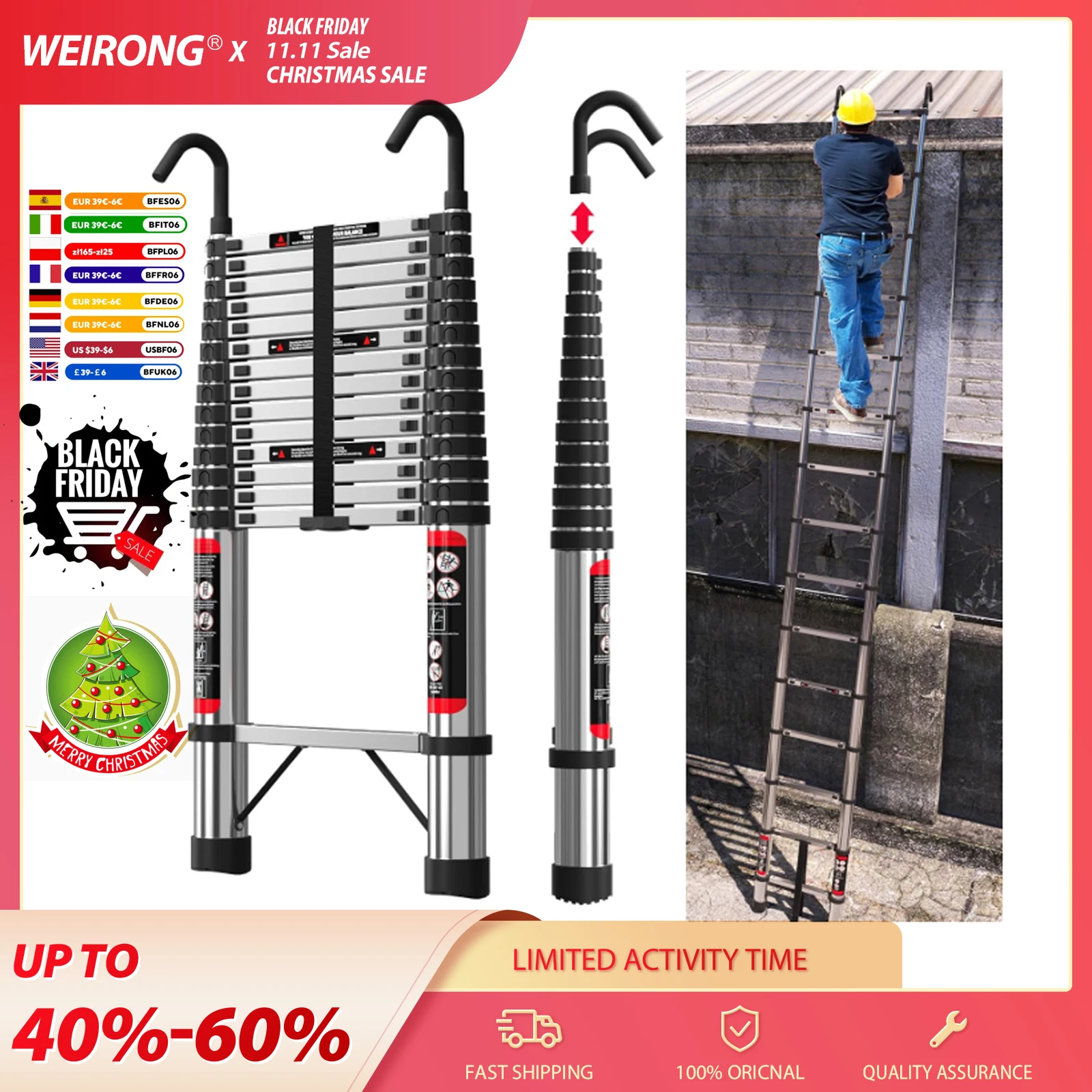 4.4M/14.4FT Telescopic Ladder with Hooks,Attic Ladders Stainless Steel 14 Steps, 330LBS Load, Muilti-Purpose Foldable&Extendable