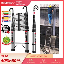 4,4 m/14,4 ft telescopische ladder met haken, zolderladders roestvrij staal 14 treden, 330 lbs belasting, multifunctioneel opvouwbaar en uitschuifbaar