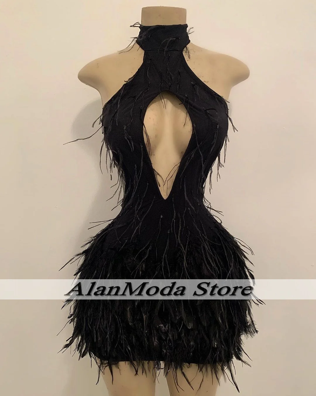 Little Black Dress Birthday Outfit Halter Backless Feathers Prom Dresses Mini Cocktail Gowns vestido fiesta Customized