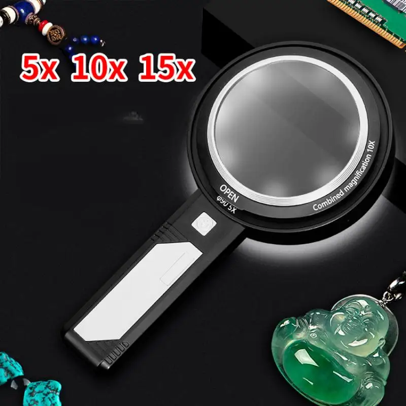 

Handheld 5X 10X 15X Illuminated Magnifier Rechargeable Magnifying Glass for Seniors Reading with 6 Led 2Uv Light Removable Lens