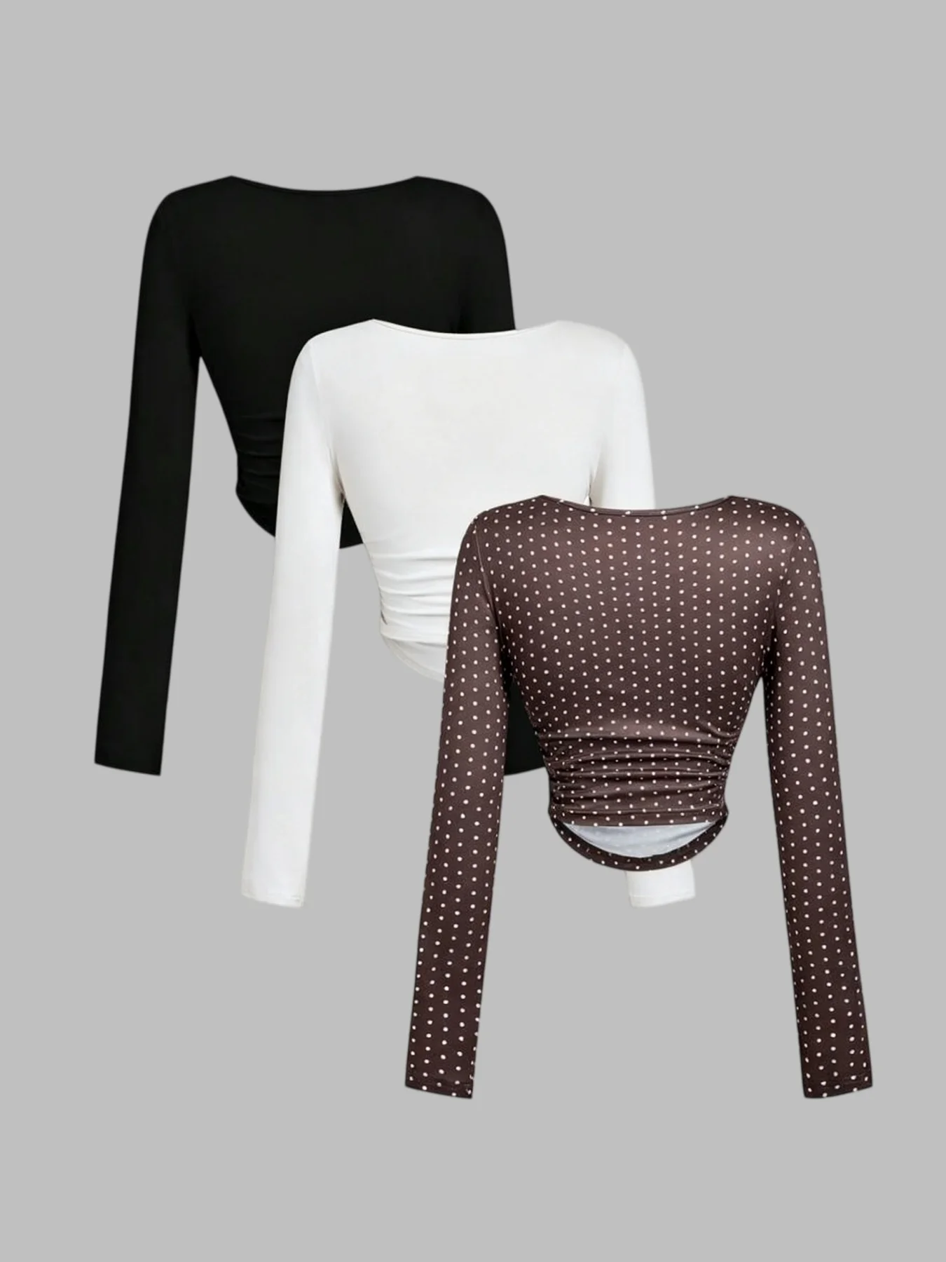 3 Pack Women Square Neck Side Ruched Long Sleeve Top Curved Hem Slim Fit Crop Tee Y2K Sexy Casual Commute Basic Shirt