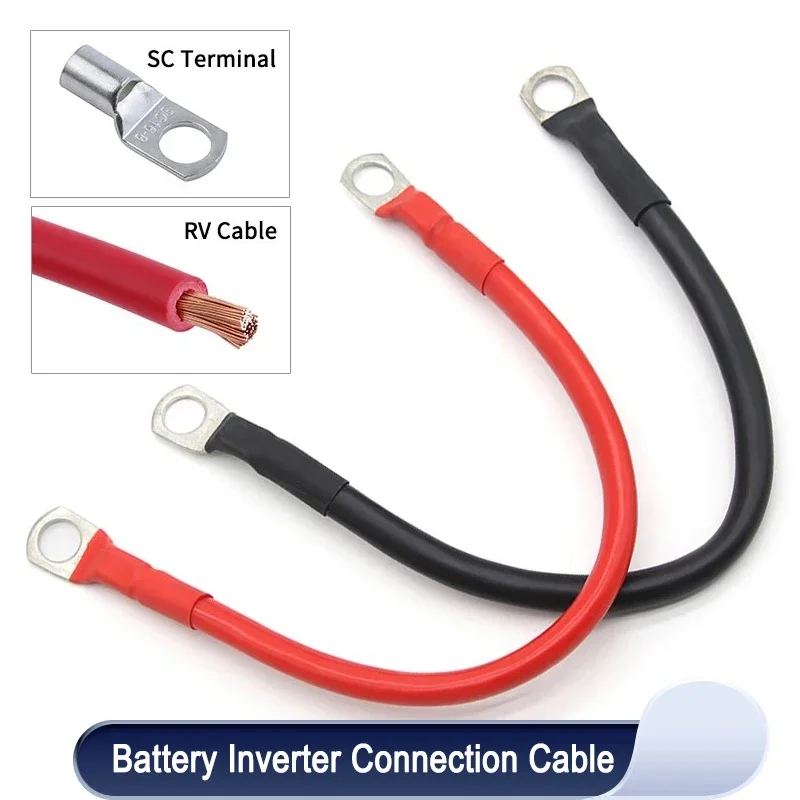 Battery Inverter Connection Cable Set 8/6/4/2 AWG with M8 SC Terminals 10/16/25/35mm2 UPS Wire Red Copper Core Tin-plated Lug