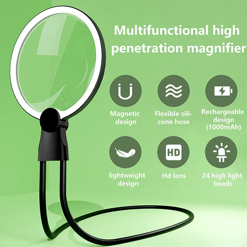 New Protable Magnifying Glass with Light for Reading: 5X Hands Free Magnifier  for Neck Wear Seniors Sewing Low Vision Elderly