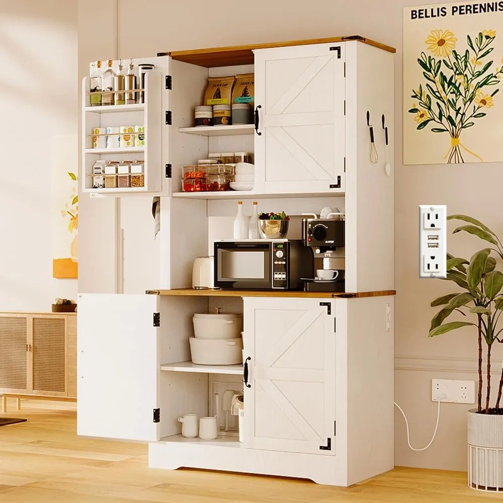 

Kitchen utensil cabinet with charging station, farmhouse utensil cabinet with microwave rack, 6-dou food storage cabinet