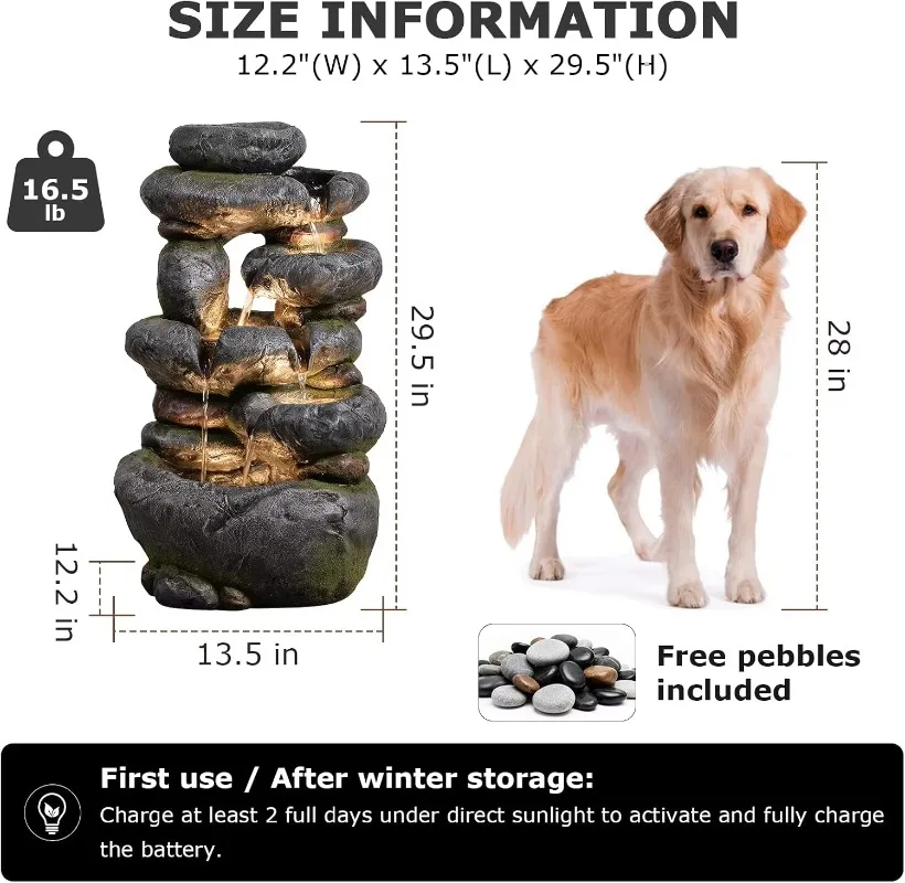 ^29.5''Tall Rock Solar Water Fountain Outdoor Garden Feature | 5-Tier Solar Powered Water Fountains and Waterfalls with Lights