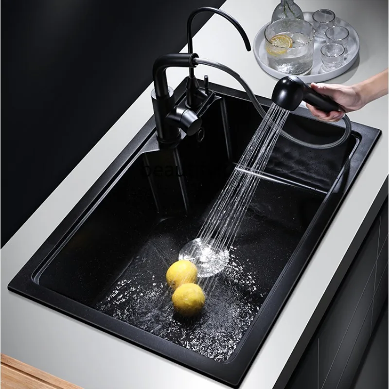 Italy Quartz Sink Washing Basin Single Sink Kitchen Sink Household Scullery Granite Black