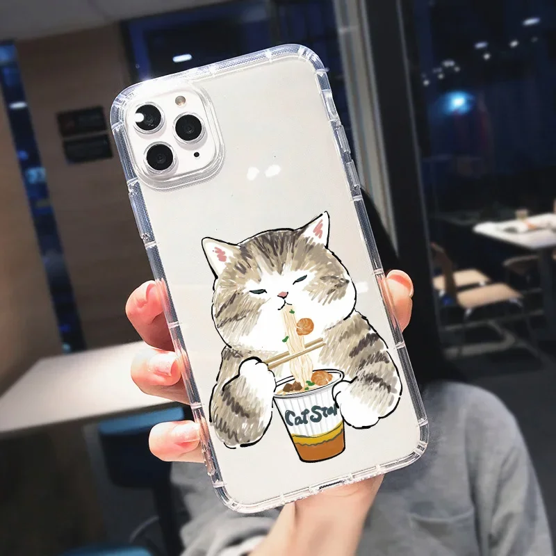 Funny Animal Cartoon Cute Cat Food Phone Case for iPhone 11 12 13 14 15 Pro Max 8 Plus Mini XS XR SE Transparent Soft Back Cover