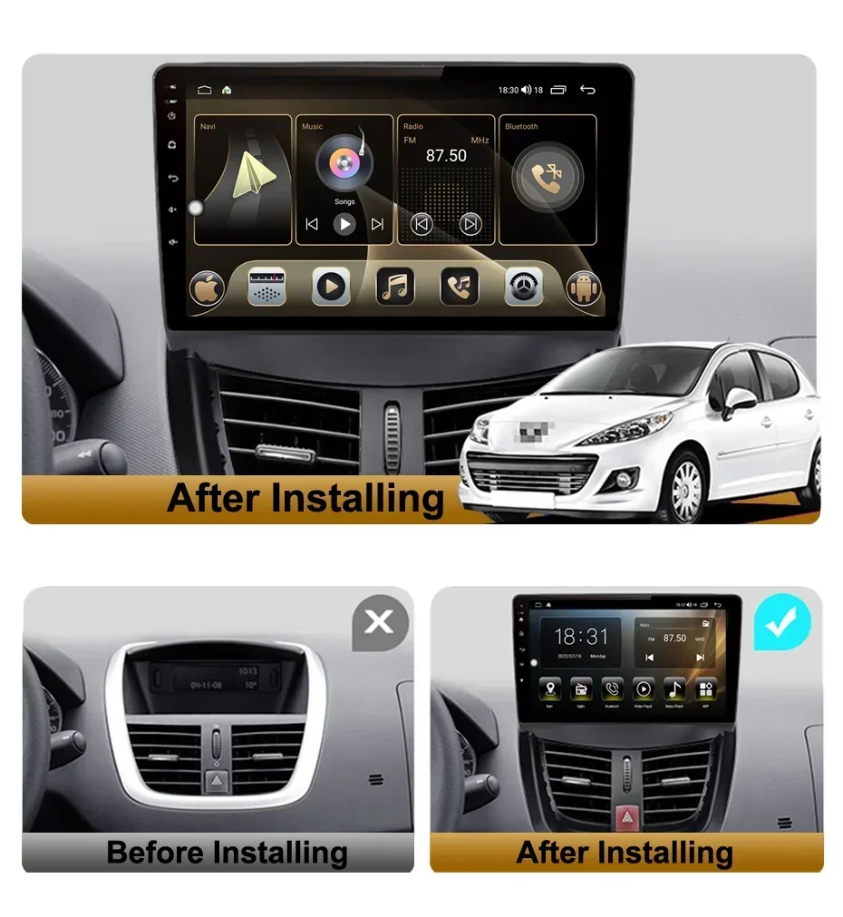 4G WiFi For Peugeot 207 207CC 206 Plus 2007-2013 Android Carplay 2 Din 9 Inch Radio GPS Navigation Multimedia Player Head Unit