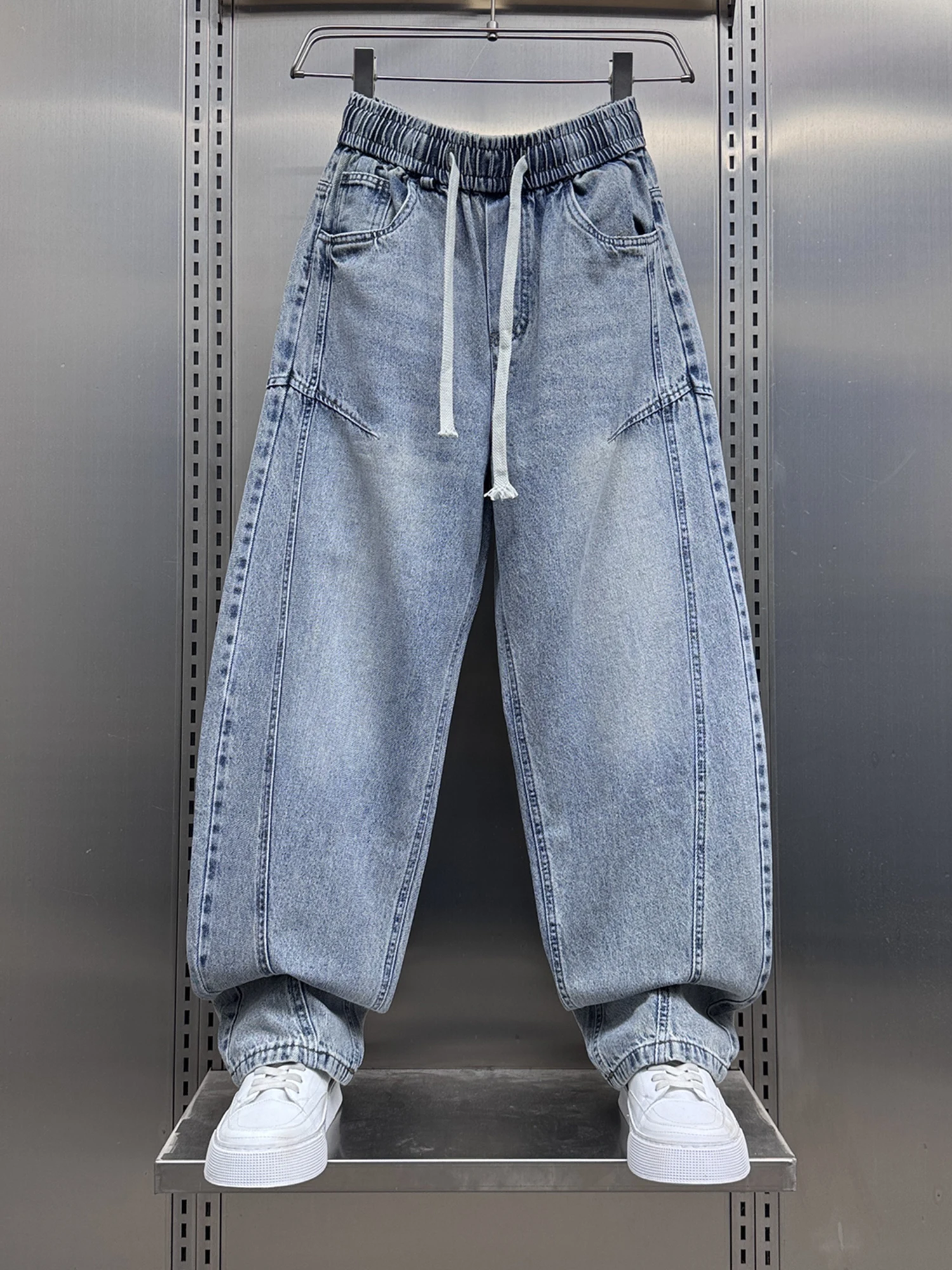 

Spring Trendy Spliced Light Blue Men's Loose Straight Leg Jeans Casual Versatile Wide Leg Pants mid Waist Cotton Blend