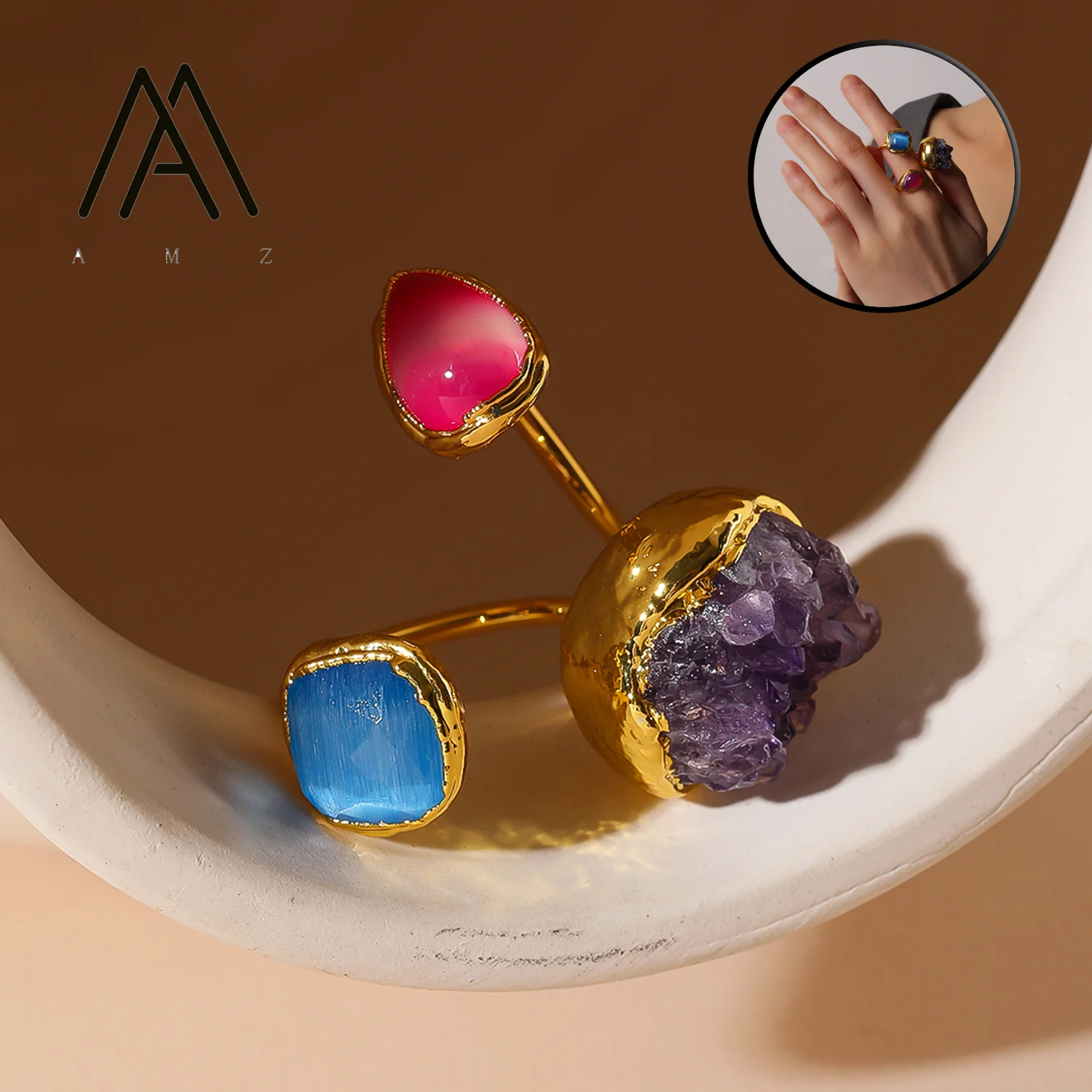 

Vintage Irregular Rough Stone Ring Natural Amethyst Blue Quartz Ring 24K Gold-Plated Open-Band Ring Women Artistic Fashion Jewel