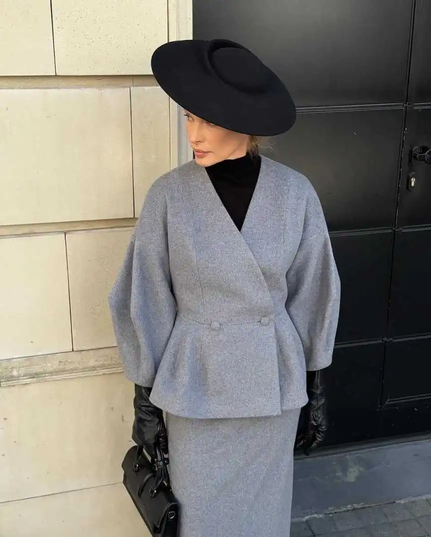 Business Women Suit Set 2 Piece Blazer Jacket Warm Tweed Skirts Fashion Customized Long Sleeve Leisure Lady Wear