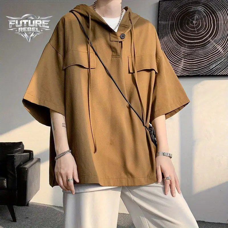 Camiseta de Verão com Capuz e Manga Curta para Homens e Mulheres, Estilo Casual Solto, Moda Streetwear Americana, Roupas com Cordão, Novo