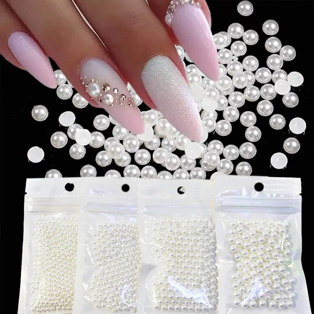 200-1200pcs Half Round Pearls Nail Rhinestones 2/3/4/5/6mm White Beige Pearl Beads Caviar Nail Decor 3D Flatback Resin Nail Gems