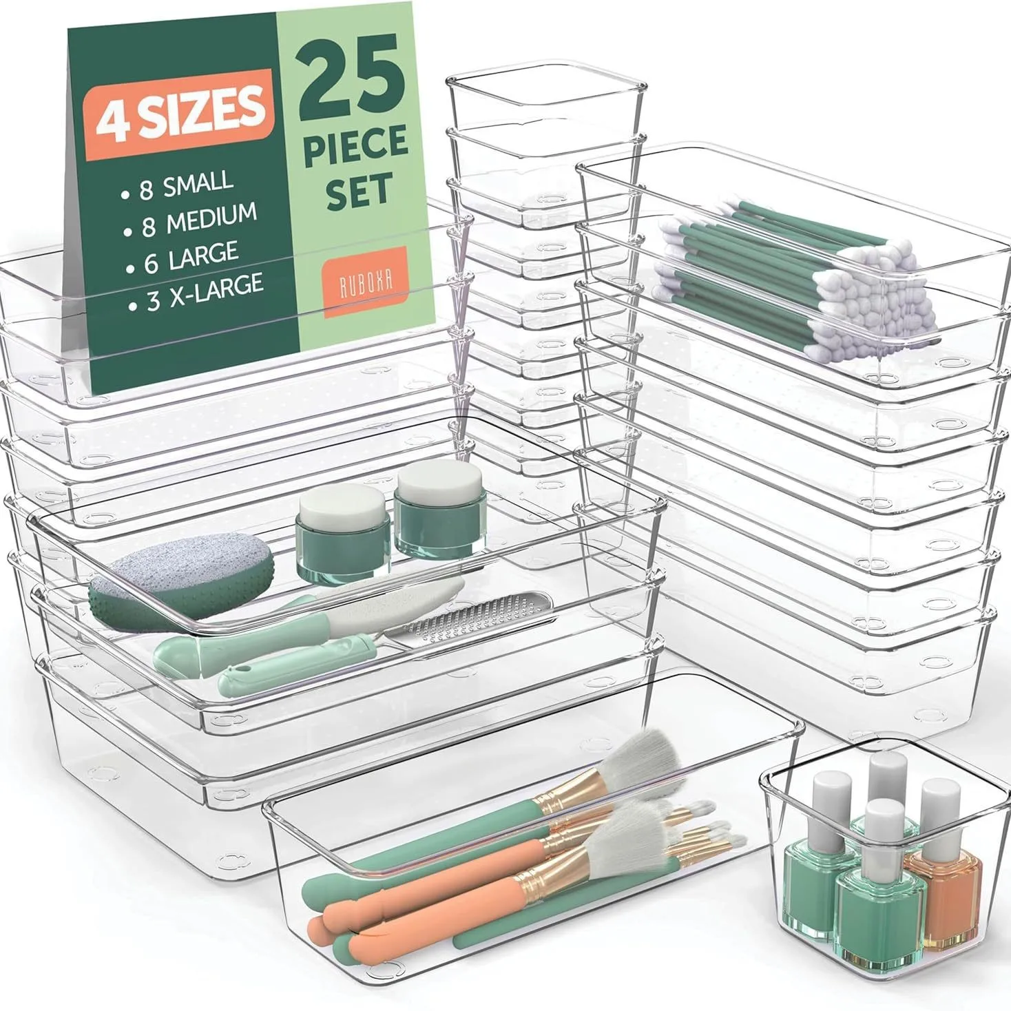 Juego de organizadores de cajones de plástico transparente, bandejas organizadoras de cajones de tocador y baño versátiles de 4 tamaños, contenedores de almacenamiento para maquillaje y dormitorio
