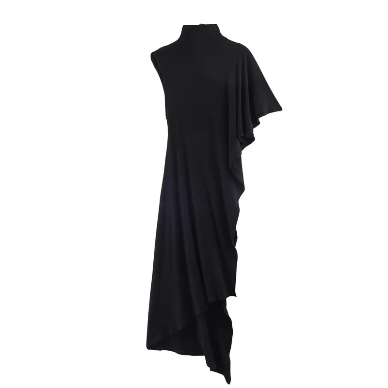 Women's Top 2026 Spring New Style Black Short-Sleeve High-Neck Asymmetrical Pleated Decorative Top Elegant and Stylish Personal image 2