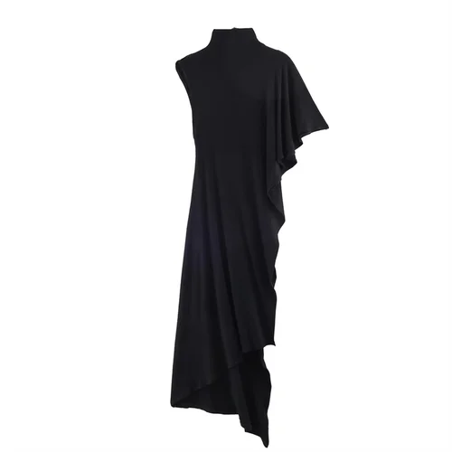 Imagen 2 del producto Top de Mujer, Primavera 2026, Nuevo Estilo, Negro, Manga Corta, Cuello Alto, Asimétrico, Plisado, Decorativo, Elegante y con Estilo