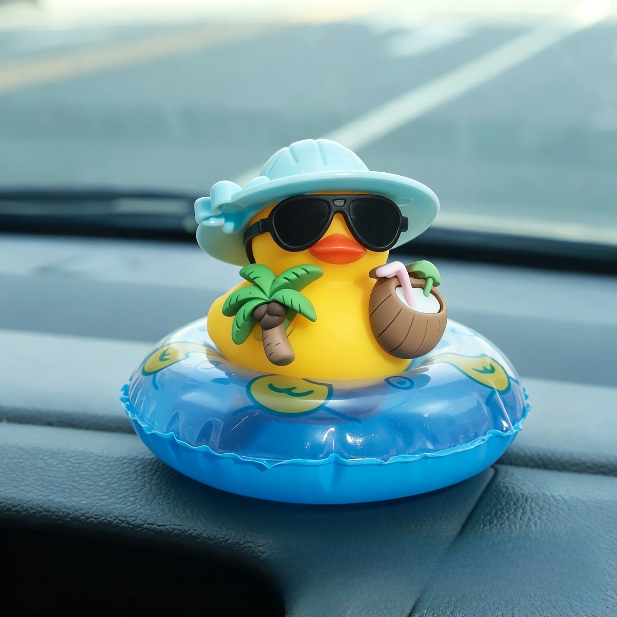 Tropical Rubber Duck Car Ornament, Funny Beach Duck with Sunglasses, Coconut Float, Car Interior Decor, Dashboard Accessories
