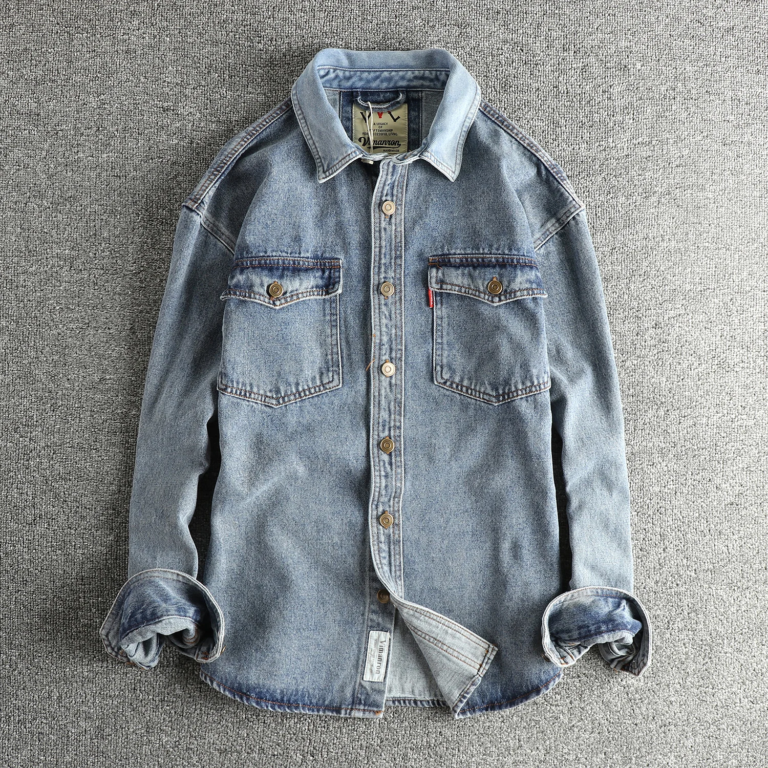 Retro High Street Men's Long Sleeve Denim Shirt Worn-In Casual Style Cotton Workwear Outerwear for Young AdultsYY128