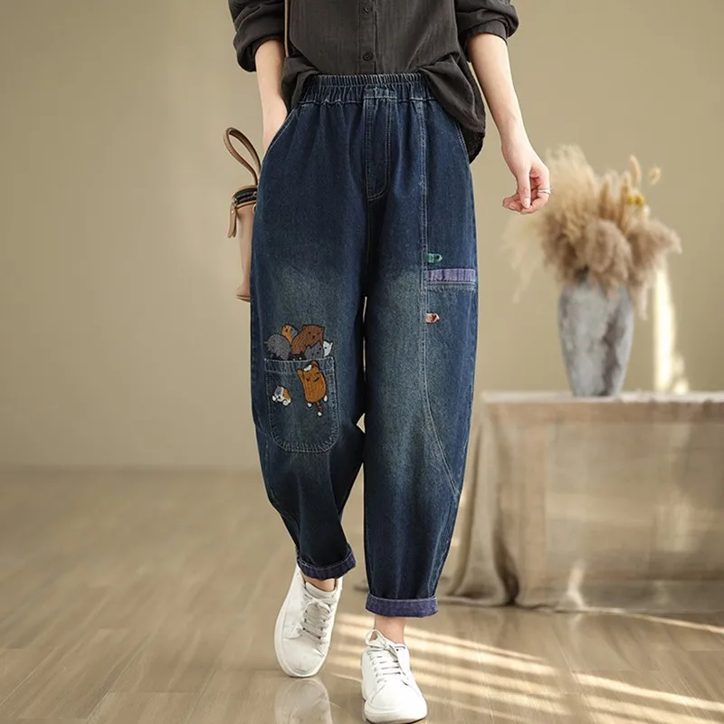 High Waist Casual Jeans Women New Arrival 2024 Autumn Vintage Style Cartoon Embroidery Basics Female Denim Harem Pants B3989