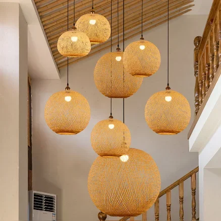 Chinese style bamboo woven spherical chandelier, rural tea room, Zen style staircase, artistic homestay lighting fixtures