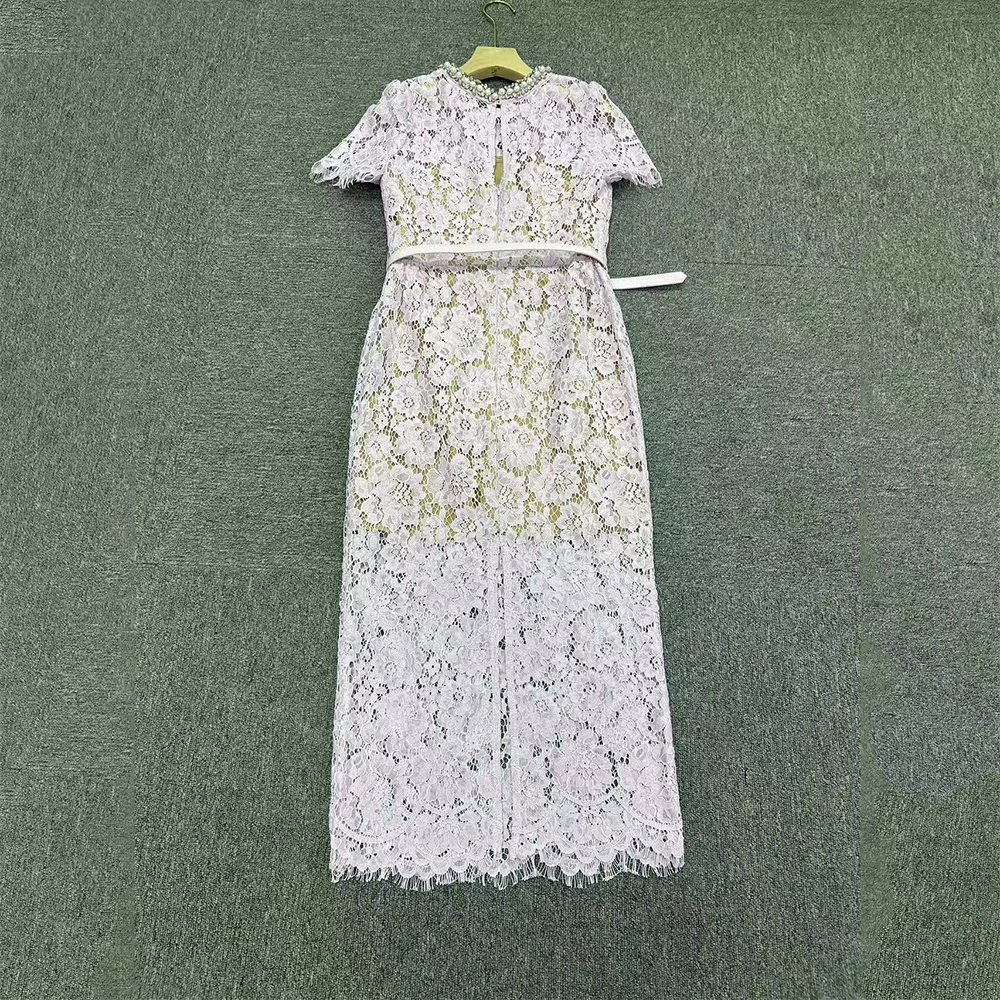 Beaded Lace Openwork Women's Dress Elegant and Flattering Round Neck Short Sleeve Long Dress with Belt 2026 Spring New Y2k