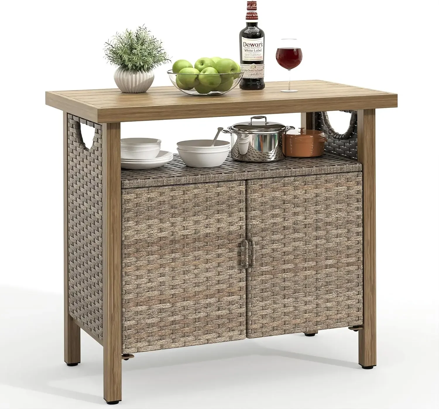 Outdoor Storage Cabinet, Patio Bar Table with Two Doors and Shelves, Weatherproof Wicker Storage Console Table