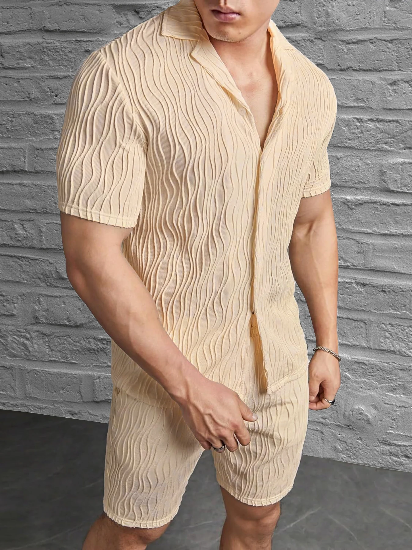 

Men's Summer Ice Silk Ribbed Set, Beige Apricot Lapel Short Sleeve Shirt Elastic Waist Shorts
