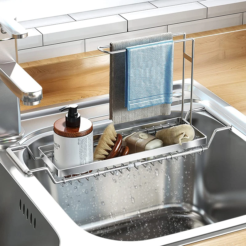 

Telescopic Sink Shelf Stainless Steel Storage Rack Adjustable Sink Drain Rack Soap Sponge Rag Storage Holder Kitchen Organizer