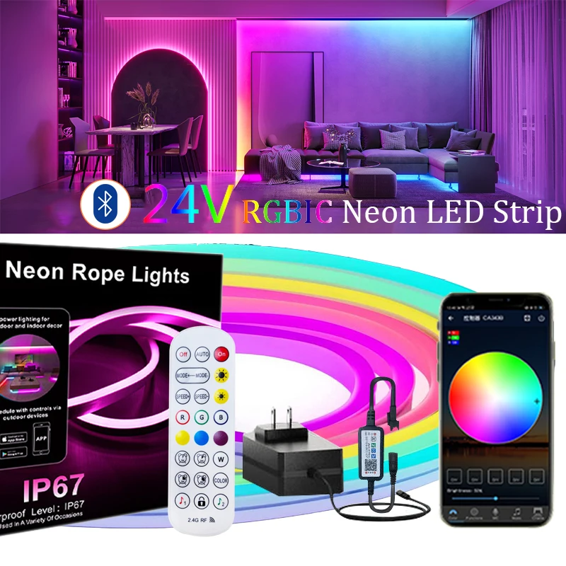 

24V High Brightness RGBIC Dreamcolor Chasing Neon LED Strip Lights Silicone Neon Rope Light with Music Sync Lamp Tape for Room