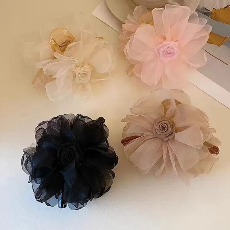 Feminine Hair Claw with  Roses Perfect Accessory Large Hair Claw Floral and Mesh Design Elegant Shark Clip Rose  Claw Clip