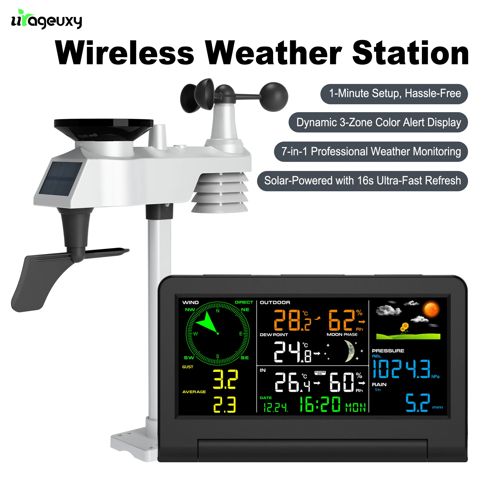Drahtlose Wetterstation mit Solarpanel – 7-in-1-Außensensor für die Verfolgung von Wind/Temp/Feuchtigkeit/Regen/Druck/Mond