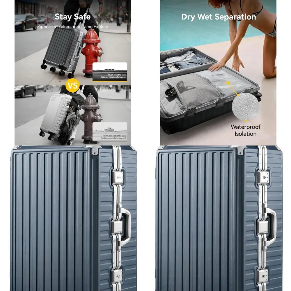 

28-дюймовый твердый чемодан из поликарбоната без молнии с вращающимся колесом и алюминиевой рамой, синий