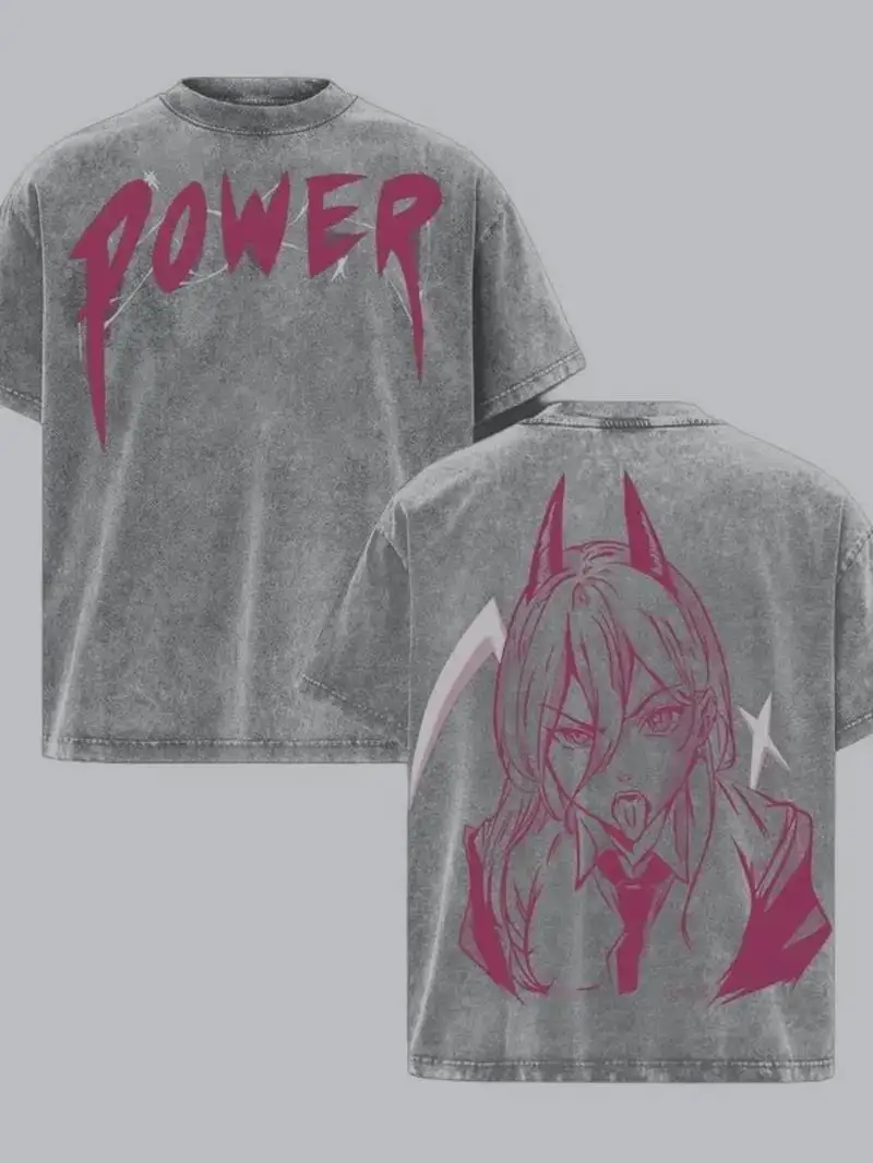 Power Chainsaw Man Anime Clothing Men Women Oversized T-shirts Short Sleeve Washed T Shirt Vintage Cotton Tshirt Harajuku Tops