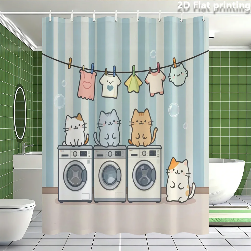 シャワーカーテン-かわいい猫の洗濯機プリント-漫画風バスルーム装飾-防水ポリエステル-グロメットトップ-バスタブ-ランドリールーム用
