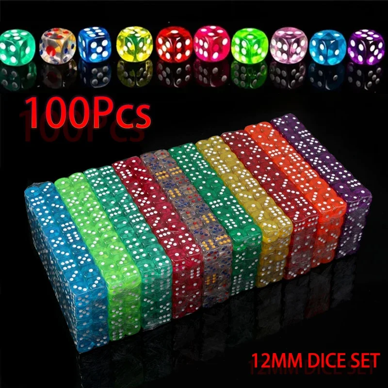 100PCS/Set D6 Dice 12mm 6 Sided Multicolor Transparent Color Acrylic Rounded Edges Dice For Table Board Game Drink Party DND