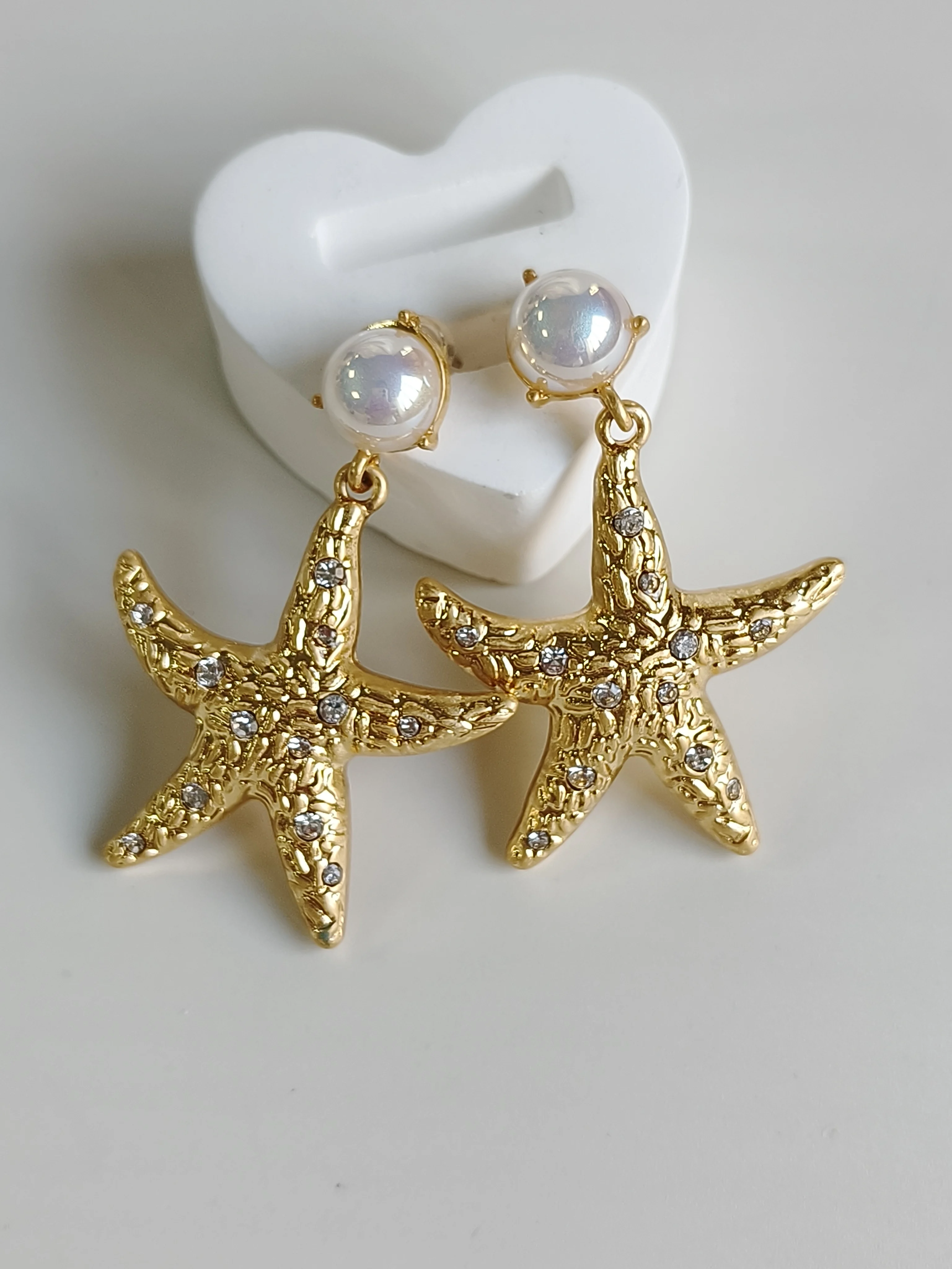 Vintage Ocean Starfish Real Freshwater Pearl Drop Earrings 18K Gold Plated Metal Pave CZ Ears Hoop Summer Beachy Women Jewelry