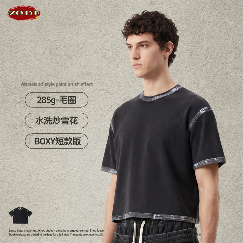 ZODF Vintage Summer Men Painting 280gsm Cotton T Shirts Unisex Boxyfit Sport O Neck Short Sleeve T-Shirt Tees HY1260