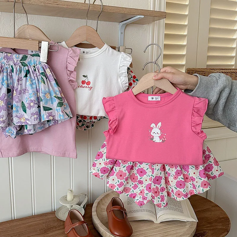 ミニainis-女の子の夏の花びら半袖o-Shirred服セット、花Tシャツとショーツ、子供服、新しい、2個のスーツ