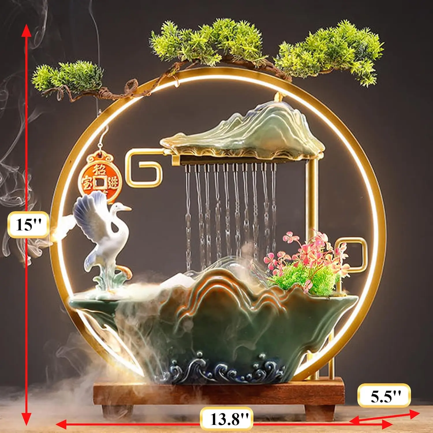 Indoor Tabletop Water Fountain with LED Light and Mist, Japanese Desktop Waterfall Fountain with Artificial Plants, Feng Shui Meditation Decor for Office and Home, Good Luck and Wealth