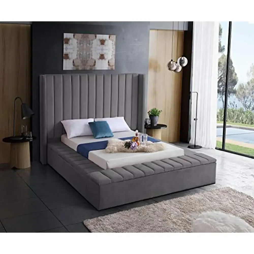 Modern Velvet Upholstered Bed King Grey Channel Tufting Storage Compartment Wood Frame