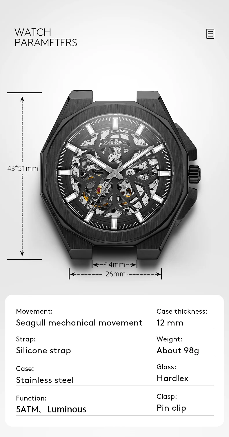 Gorman Beautiful Beautiful Watch April Promotion New semester Skeleton Watch Stainless Steel 5ATM DG8110 Automatic Wristwatch