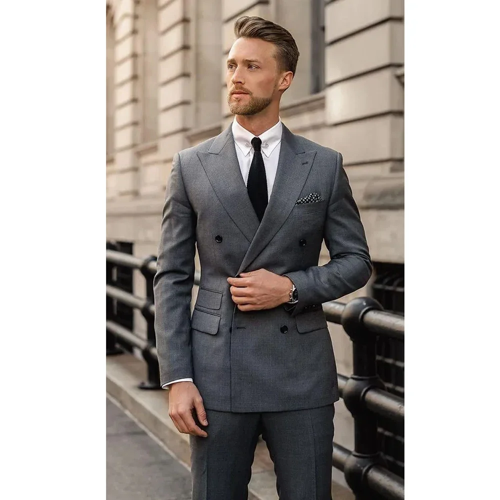 

Fashion Dark Grey Suits for Men High Quality Double Breasted Peak Lapel Slim Fit Male Clothing Luxury Costume Homme Blazer