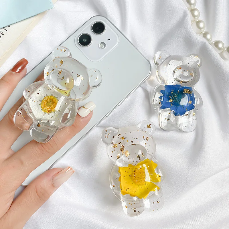 Petit support d'airbag Mobile de Style Ins frais, ours fleur, couleur unie, coque de téléphone transparente, anneau boucle, décoration, support de téléphone