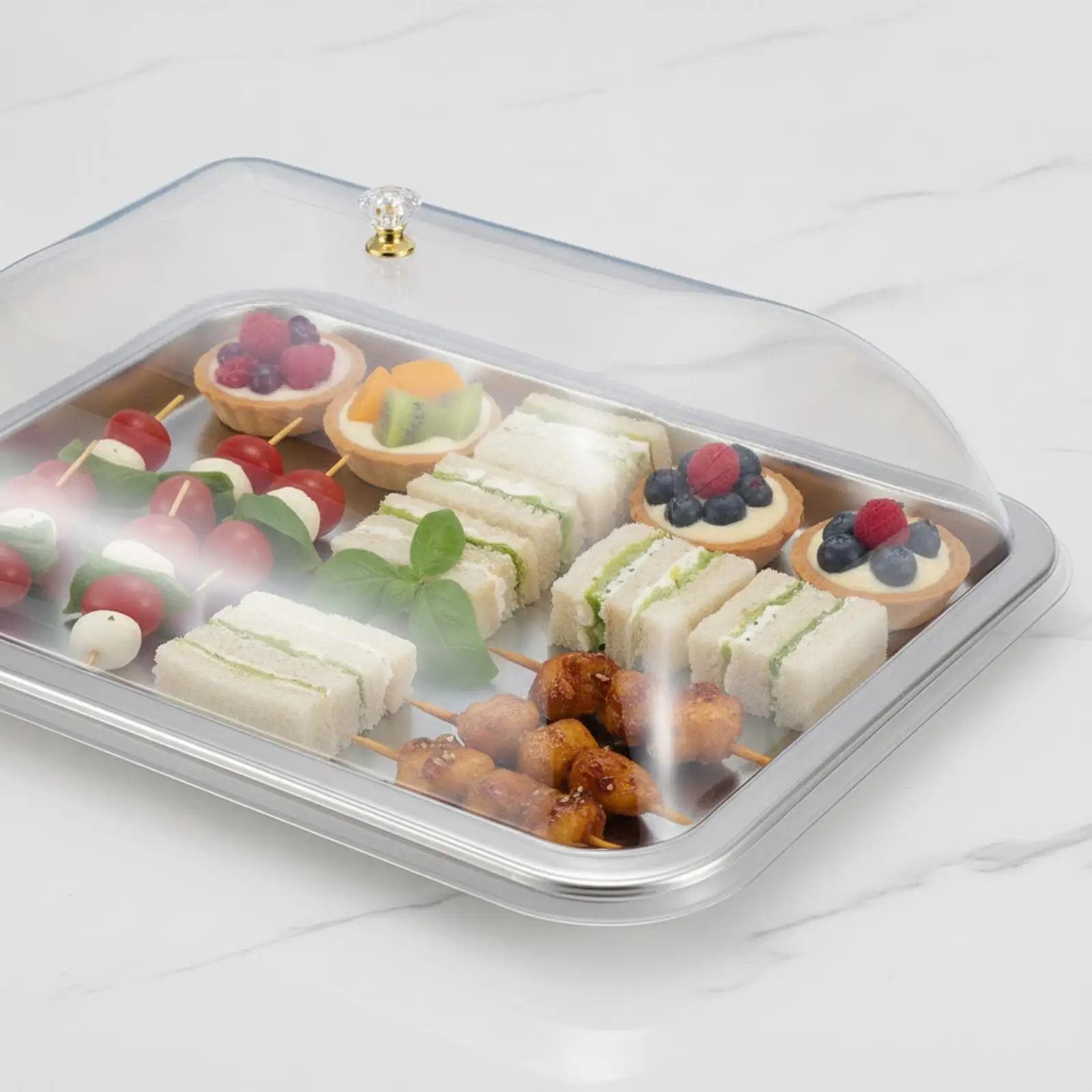 304 Stainless Steel Baking Tray with Lid Clear Dome Serving Tray for Bakery Dessert Counter Catered Events